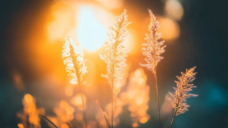Captivating scene of sunlight filtering through tall grass stalks during sunset. The warm glow creates an ethereal atmosphere in nature's embrace.の素材