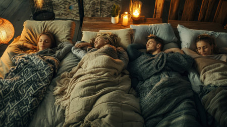 A cozy scene featuring four friends peacefully sleeping together under warm blankets, creating a serene atmosphere perfect for relaxation and comfort.の素材