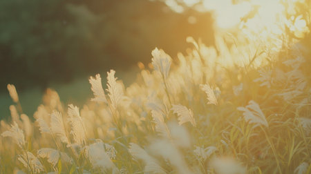 A serene sunset casts golden light over a lush grassland, creating a peaceful atmosphere. Ideal for nature lovers and outdoor enthusiasts.の素材