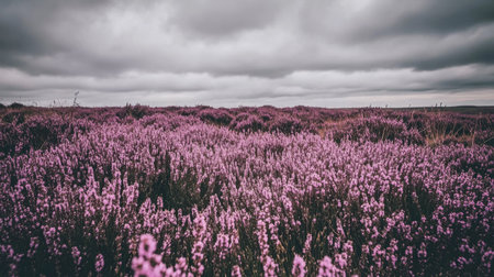 A stunning lavender field stretches across the landscape under a dramatic overcast sky. The vibrant purple blooms create a serene atmosphere, perfect for nature lovers.の素材