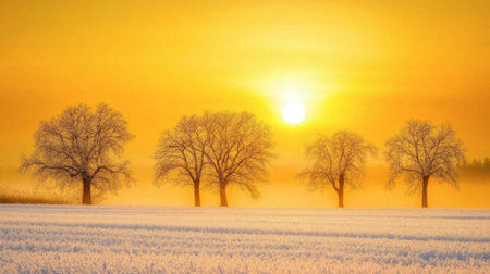 A breathtaking scene of a golden sunrise illuminating a frosty landscape with bare trees. The tranquil setting evokes a sense of peace and beauty.の素材