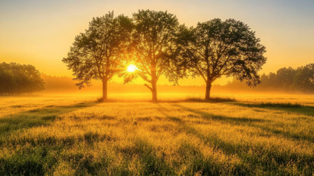 A stunning sunrise casts a golden glow behind three silhouetted trees in a misty field. This peaceful setting captures the beauty of early morning tranquility.の素材