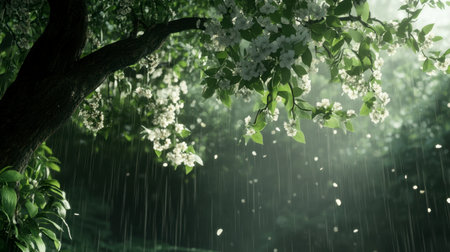 A tranquil scene featuring blossoming flowers on a tree amidst falling rain, creating a serene atmosphere filled with natural beauty and refreshing vibes.の素材