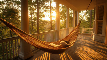 A serene hammock hangs on a porch bathed in warm sunset light, surrounded by nature. Perfect for relaxation and peaceful outdoor escapes.の素材