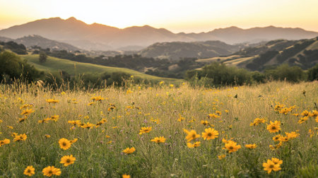 A picturesque sunset over a vibrant field of flowers, with rolling hills in the background. This serene landscape captures the beauty of nature and tranquility.の素材