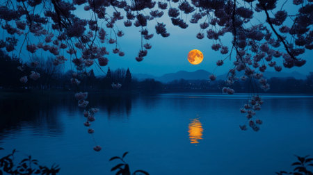 A tranquil scene featuring a glowing moon over a calm lake, framed by cherry blossoms. This image captures the beauty of nature during dusk, perfect for evoking serenity.の素材