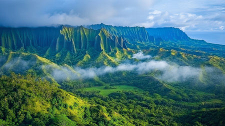 A stunning view of lush green mountains under a cloudy sky, showcasing the vibrant landscape and serene atmosphere of a tropical environment. Ideal for nature lovers.の素材