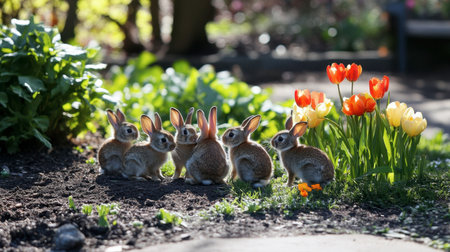 A delightful scene of six cute rabbits in a spring garden surrounded by colorful tulips, capturing the essence of nature's beauty and joy.の素材