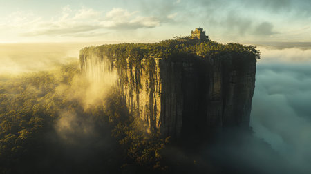 A breathtaking view of a mountain peak surrounded by clouds and mist, bathed in soft sunlight. This stunning landscape evokes a sense of adventure and tranquility.の素材