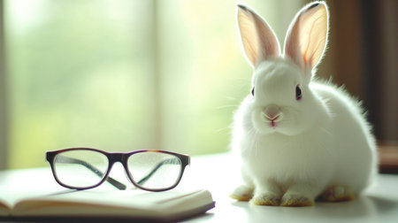 A charming scene featuring a fluffy white rabbit sitting beside a pair of glasses and an open book, creating a warm, inviting atmosphere perfect for studying or relaxation.の素材