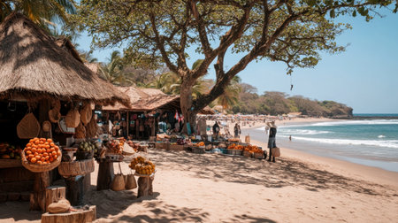 A lively beach market scene showcasing fresh fruits, vendors, and visitors enjoying a sunny day by the ocean, surrounded by lush palm trees and vibrant colors.の素材
