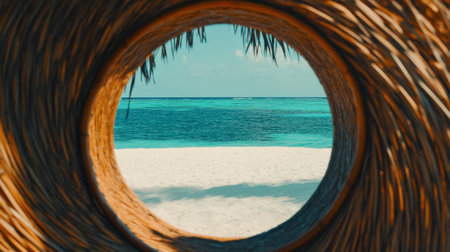A stunning view of a tranquil beach framed by natural elements, showcasing the beauty of turquoise waters and soft white sands, perfect for escape.の素材