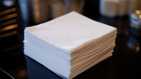 A neatly arranged stack of white paper napkins on a table. Ideal for use in restaurants, events, or casual dining settings, showcasing simplicity and cleanliness.の素材