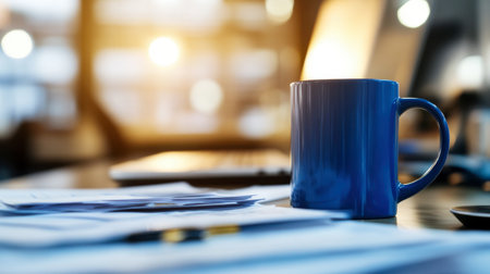 A blue coffee mug sits on a cluttered office desk surrounded by paperwork. Soft sunlight streams in, creating a warm and inviting atmosphere for productivity.の素材