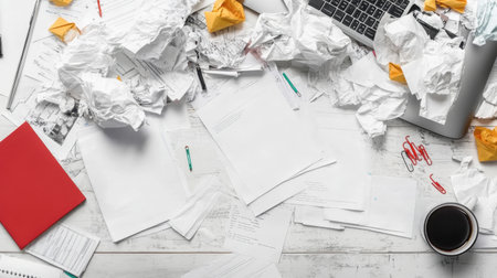 A chaotic workspace featuring crumpled papers, a laptop, and scattered office supplies. This image captures the essence of creativity, stress, and productivity in a busy environment.の素材