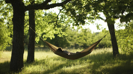 A peaceful scene of a person relaxing in a hammock between two trees, surrounded by vibrant green foliage and soft sunlight, perfect for summer escapes.の素材