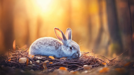 A gentle rabbit rests comfortably in a cozy nest amidst a serene forest setting, surrounded by soft sunlight and autumn leaves, embodying tranquility.の素材