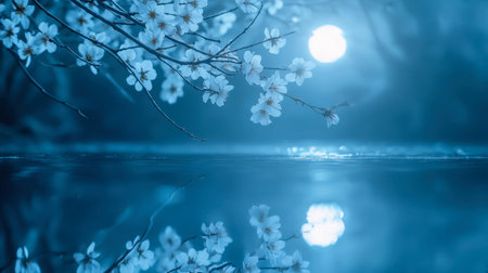 A tranquil scene featuring delicate blossoms reflected in calm water during twilight, enveloped in a soothing blue hue that evokes serenity and beauty.の素材