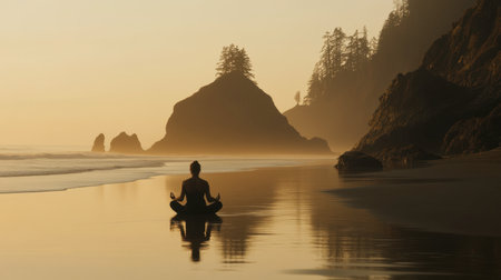 A serene figure meditates on a tranquil beach at sunset, surrounded by gentle waves and rocky formations, creating a peaceful atmosphere for solitude and reflection.の素材