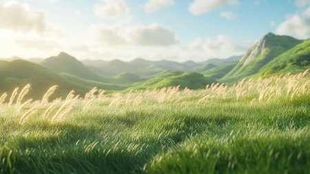 A peaceful landscape featuring gentle grass swaying in the breeze, surrounded by rolling hills under a vibrant sky. Perfect for nature themes.の素材