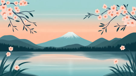 A tranquil landscape featuring cherry blossoms framed by a serene lake and majestic mountain. The pastel colors create a peaceful atmosphere, perfect for relaxation.の素材