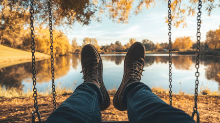 A peaceful scene featuring feet on a swing with a serene water reflection in the background. The autumn colors enhance the tranquil outdoor experience.の素材