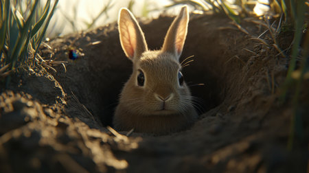 A cute rabbit peeks out from its burrow surrounded by grass, capturing a moment of curiosity and innocence in the wild. Perfect for nature themes.の素材