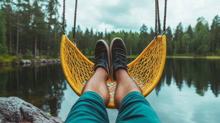Enjoy a moment of tranquility on a yellow swing by a serene lake, capturing the essence of relaxation and nature's beauty in this peaceful setting.の素材