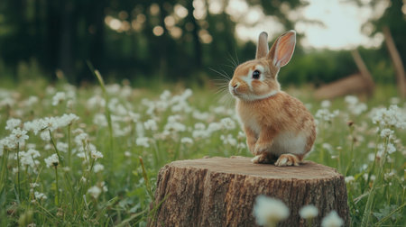 A cute rabbit sits atop a log in a blooming meadow, surrounded by flowers. This peaceful scene captures the beauty of nature and wildlife in serene surroundings.の素材