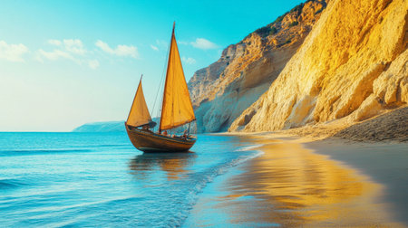 A picturesque scene of a wooden sailboat anchored near a sunlit shoreline. The tranquil sea, golden cliffs, and gentle waves evoke a sense of peace and adventure.の素材