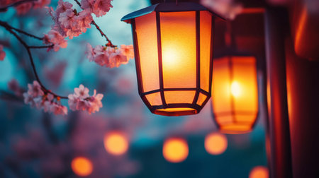 This serene image captures glowing lanterns surrounded by delicate cherry blossoms, evoking a tranquil and enchanting atmosphere perfect for relaxation or celebration.の素材