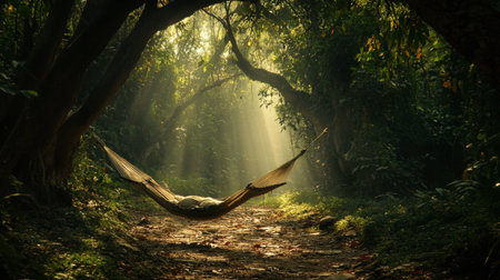 A serene hammock sways gently in a sun-dappled forest, inviting relaxation amidst lush greenery. Perfect for nature lovers seeking tranquility.の素材