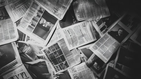 A captivating vintage newspaper collection scattered on a dark surface, showcasing various articles and headlines in classic black and white style.の素材