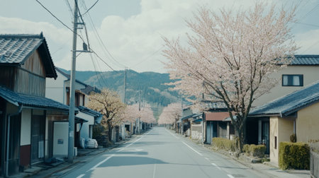 A serene street lined with blooming cherry blossom trees, creating a picturesque view. The peaceful rural scenery captures the beauty of spring in a quaint village.の素材