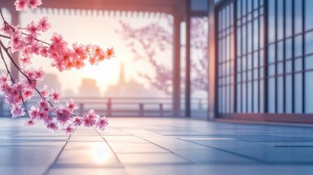 A tranquil scene featuring soft pink cherry blossoms in a serene indoor setting, with gentle sunlight filtering through elegant architecture, creating a peaceful atmosphere.の素材