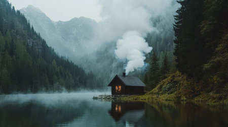 A tranquil cabin by a misty lake and mountains, surrounded by lush forest. The smoke rising from the chimney adds warmth to this peaceful outdoor scene.の素材