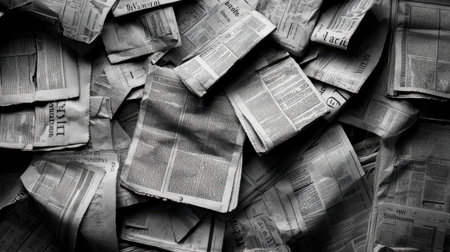 A monochrome arrangement of old newspapers creates a textured backdrop. This image evokes nostalgia and highlights the history of printed media, perfect for creative projects.の素材