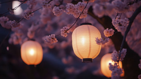 A serene scene featuring illuminated lanterns hanging amidst blooming cherry trees at night. The enchanting atmosphere captures the beauty of spring.の素材