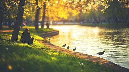 A tranquil scene depicting a person sitting by the water under a golden sunset. Soft light filters through the trees, creating a peaceful atmosphere.の素材