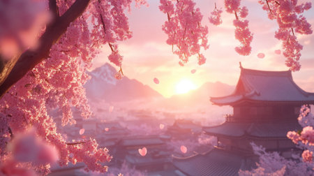 Experience a tranquil sunset amidst vibrant cherry blossoms. This beautiful landscape captures the essence of spring with blooming trees and mountains.の素材