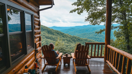 Enjoy a peaceful moment on a cabin deck overlooking stunning mountain scenery. This serene retreat offers a perfect escape into nature's beauty.の素材