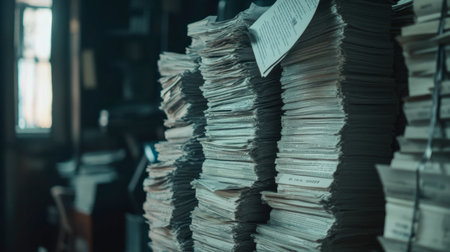 A close-up image of stacked papers in a dimly lit room, showcasing the texture and detail of the documents in an organized yet cluttered workspace atmosphere.の素材