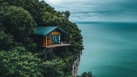 A charming cabin perched on a cliff, offering breathtaking views of the tranquil ocean. Surrounded by lush greenery, this scene embodies serenity and solitude.の素材