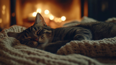 A sleepy cat rests peacefully on a soft blanket near a glowing fireplace, embodying comfort and tranquility in a cozy home setting. Perfect for warmth-themed imagery.の素材