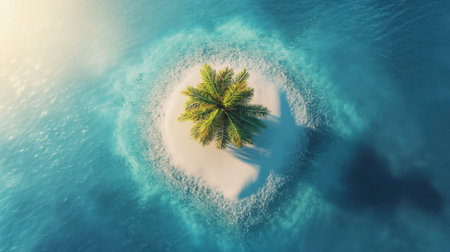 A stunning aerial view of a serene tropical island featuring lush palm trees surrounded by clear blue water, perfect for relaxation and tranquility.の素材