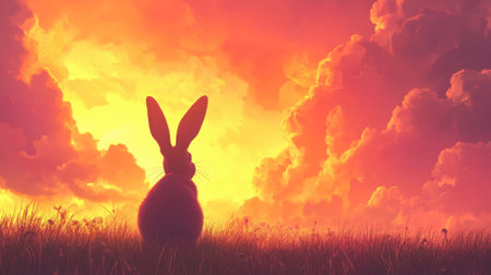 A serene silhouette of a rabbit against a vibrant sunset, featuring dramatic clouds in shades of orange and purple, perfect for nature-inspired themes.の素材