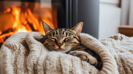A tranquil scene of a cat peacefully sleeping by the fireplace, wrapped in a soft blanket. The warm ambiance creates a cozy atmosphere, perfect for relaxation.の素材
