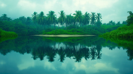 A tranquil tropical island landscape showcasing palm trees reflected in calm water, surrounded by lush greenery and misty skies, perfect for serene escapes.の素材