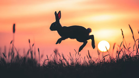 A beautiful silhouette of a rabbit jumping gracefully against a vibrant sunset, capturing the essence of wildlife and nature in a serene evening setting.の素材