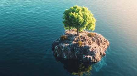 A solitary green tree stands on a rocky island surrounded by calm waters, offering a serene and tranquil landscape, ideal for nature lovers and peaceful retreats.の素材